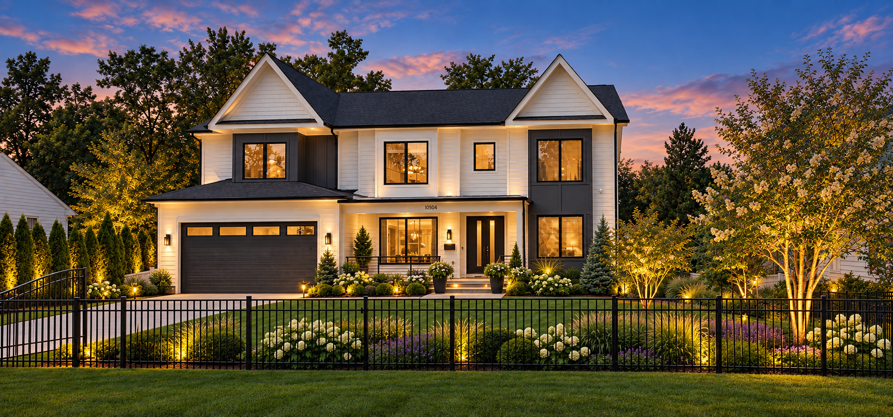 Norman modern farmhouse with a dusk landscaping and lighting visualization