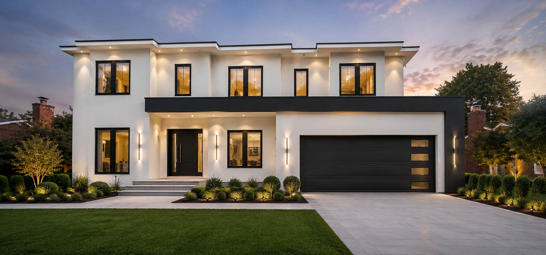 White stucco Westmoreland residence with black architectural accents at dusk